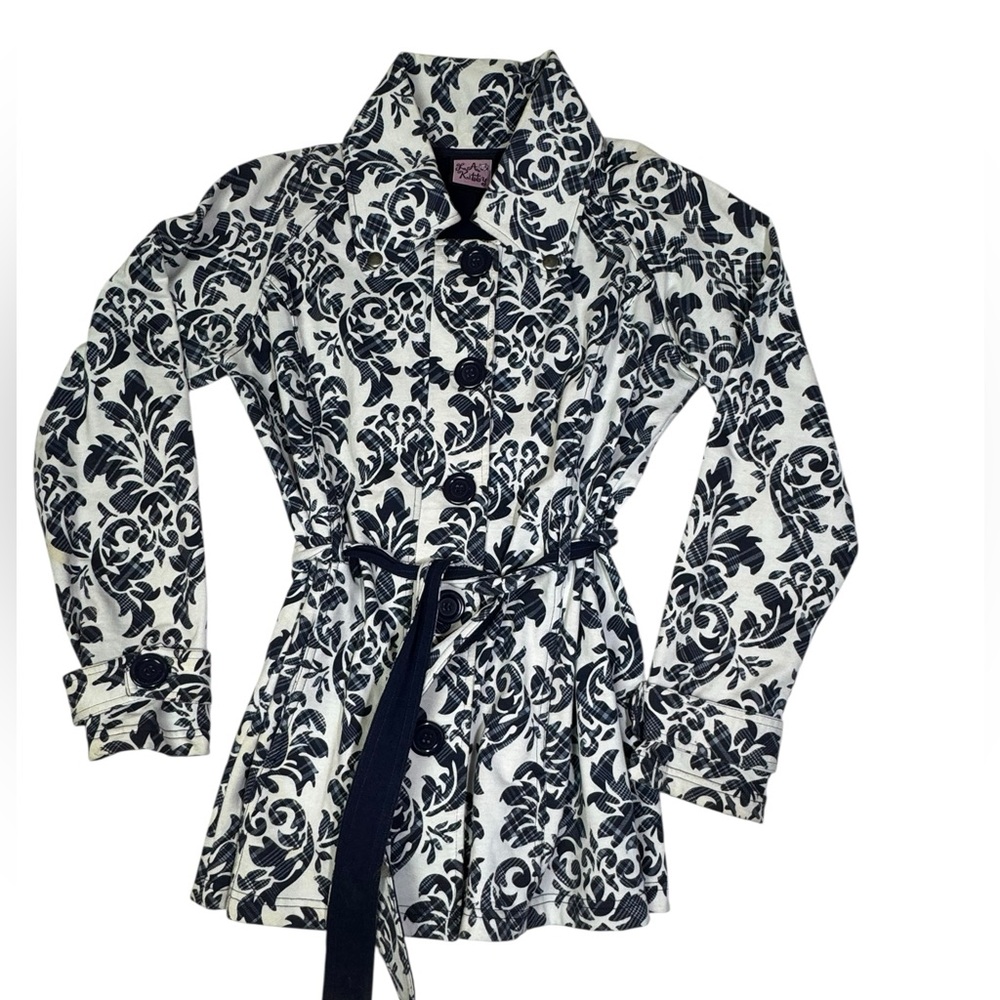 LA Kitty White & Navy Damask Belted Button Down Trench Coat Size‎ L